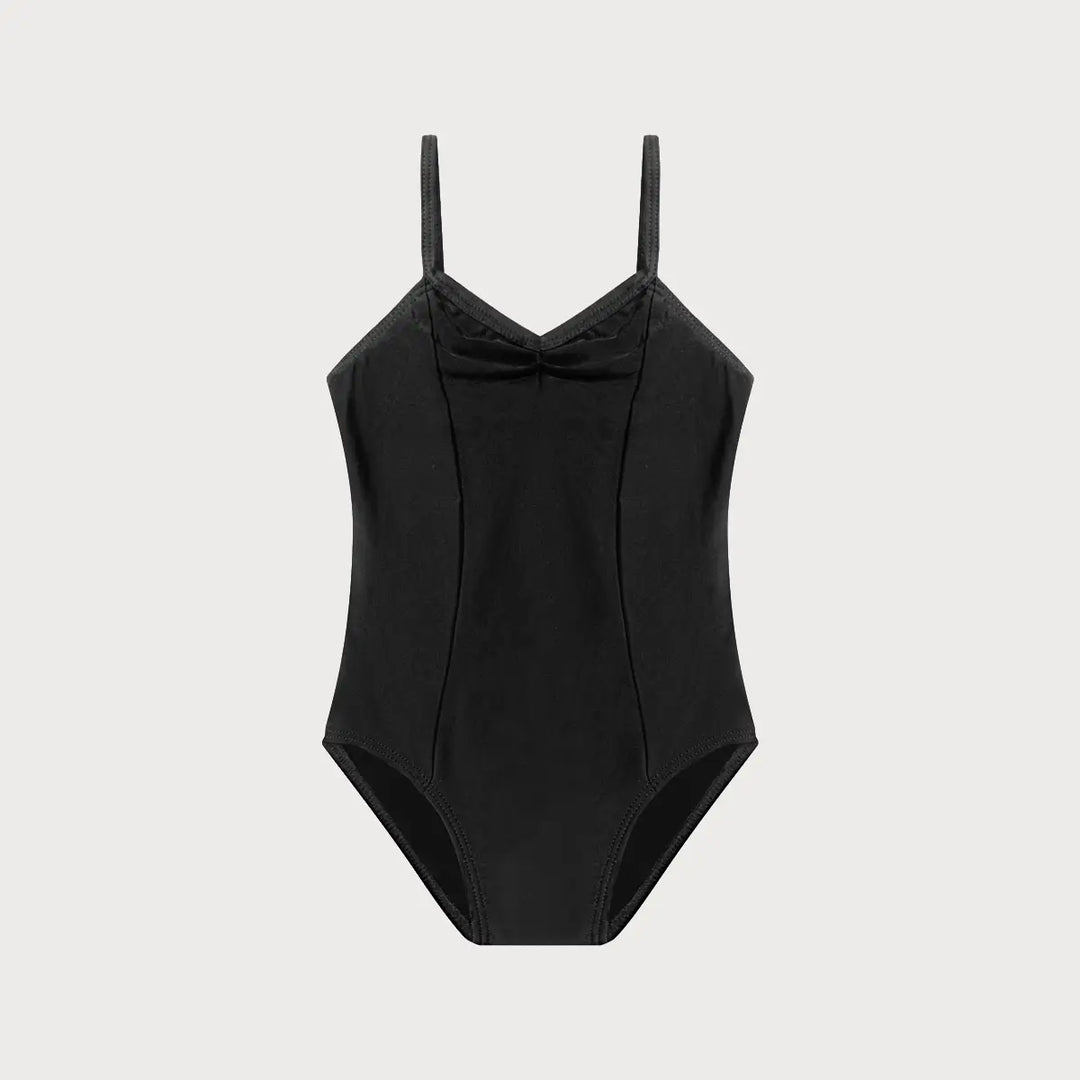 A black one-piece women's ballet leotard with thin shoulder straps, a sweetheart neckline, and a small bow detail at the center chest, shown against a light gray background.