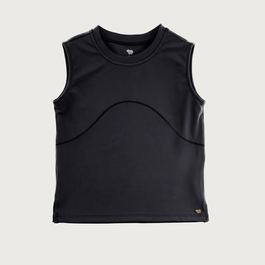 A sleeveless black athletic tank top with a crew neck and a subtle curved seam detail across the chest, displayed flat against a light gray background.