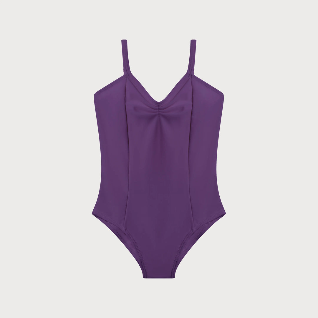 A purple one-piece swimsuit with thin shoulder straps, a V-neckline, and a gathered sweetheart bust detail, shown flat against a light gray background.