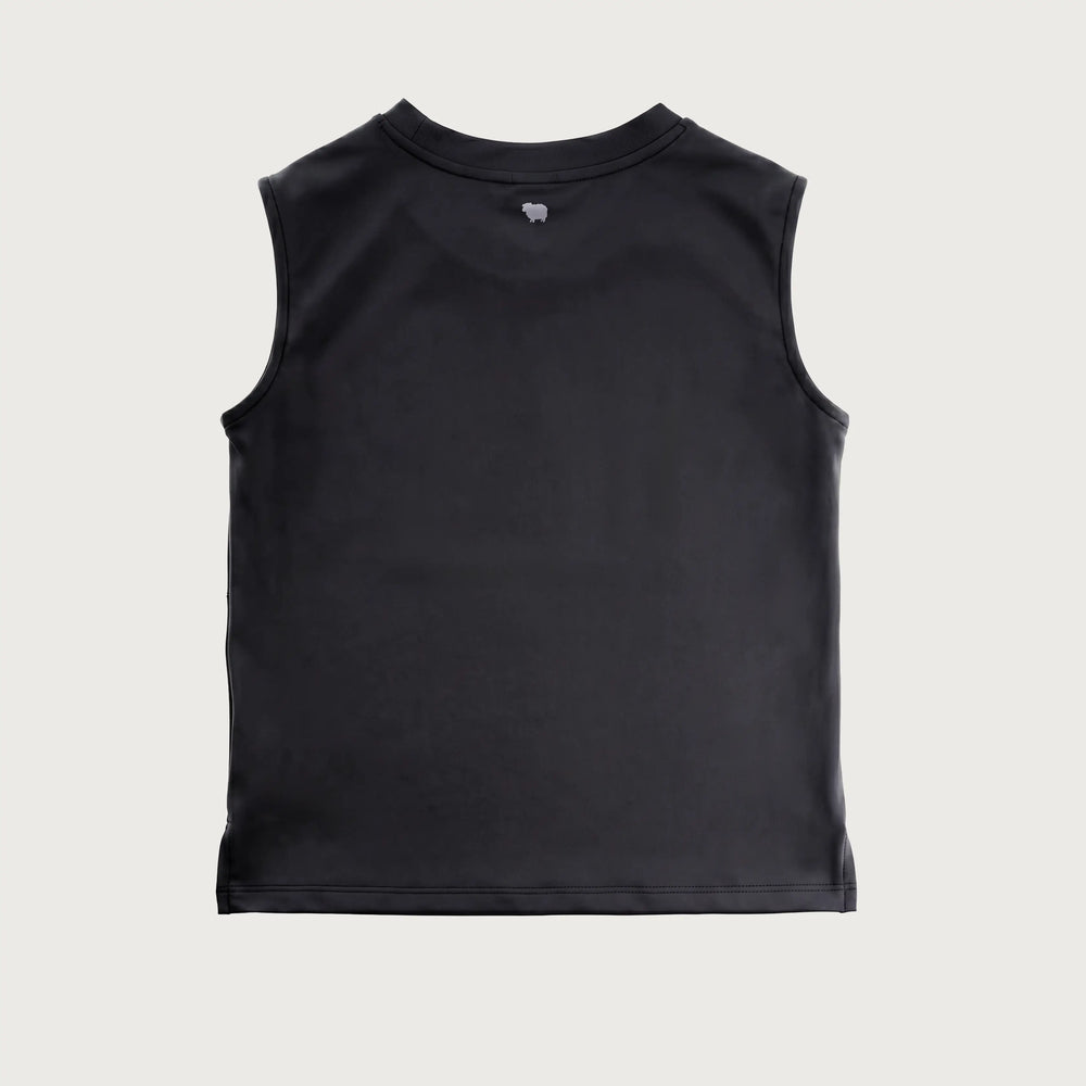 A sleeveless black crop top shown from the back, featuring a crew neck and a small gray logo printed at the center collar, set against a solid light gray background.