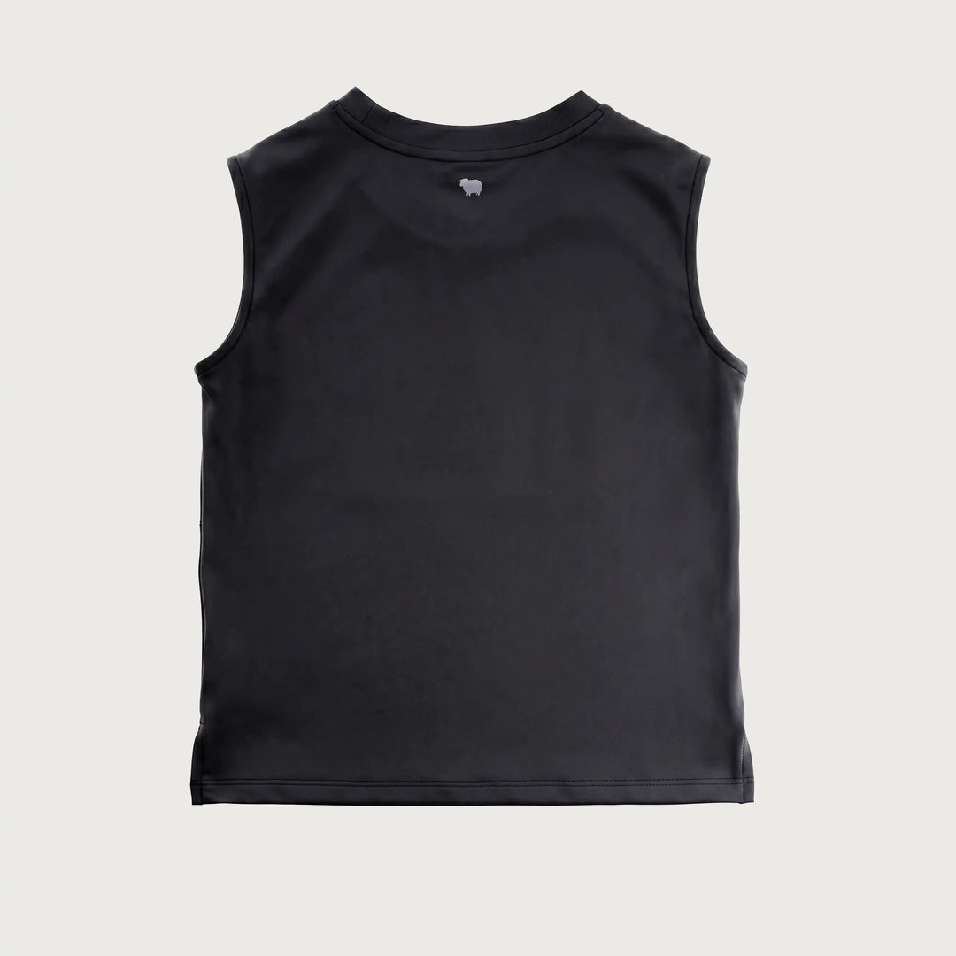 A sleeveless black crop top shown from the back, featuring a crew neck and a small gray logo printed at the center collar, set against a solid light gray background.
